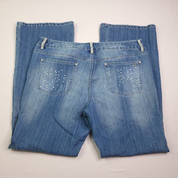 INC Denim Womens Regular Fit Bootcut 16 Rhinestone Mid Rise Distressed Imperfect - Picture 2 of 10